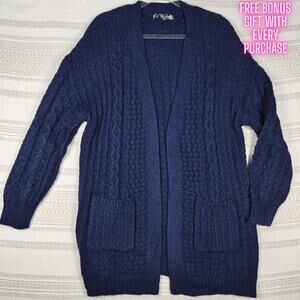 B Flawless Chunky Knit Navy Blue Open Front Cardigan Size L NEW